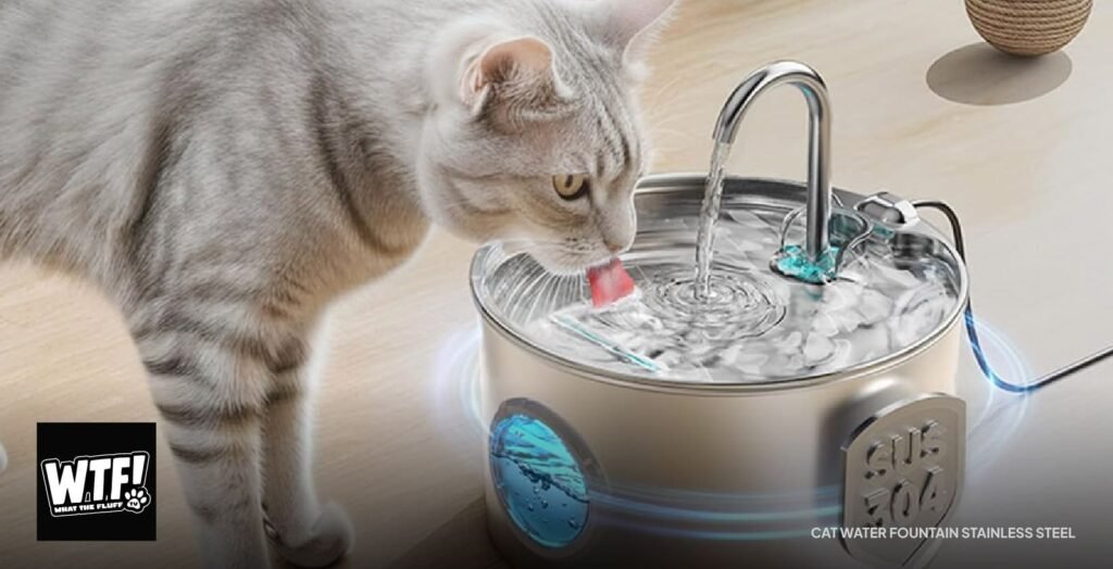 Cat drinking from a stainless steel water fountain